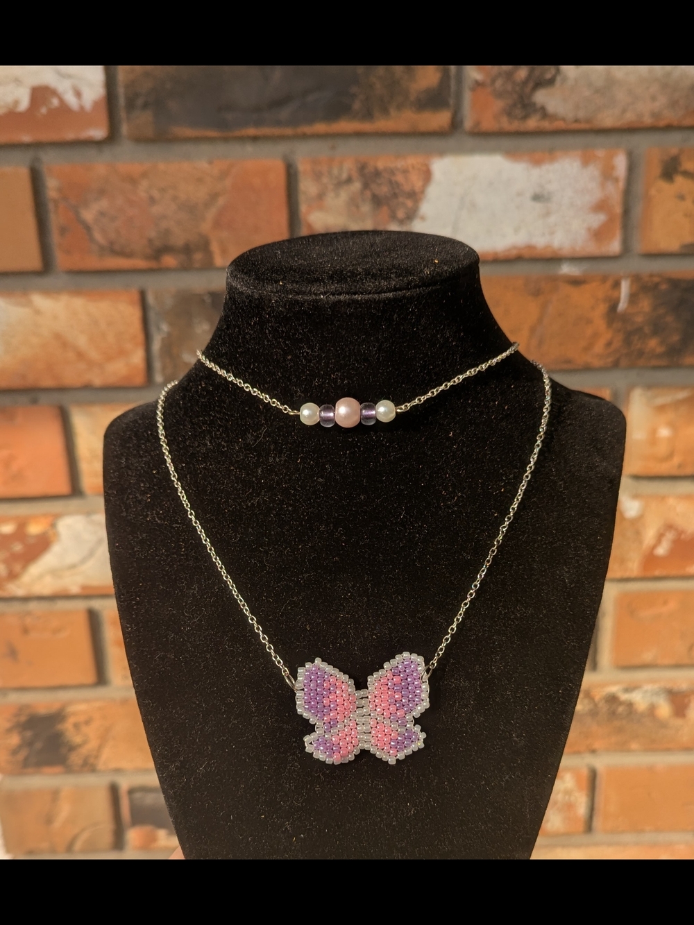 Silver Butterfly Beaded Pendant Necklace with Pink and Purple Accents